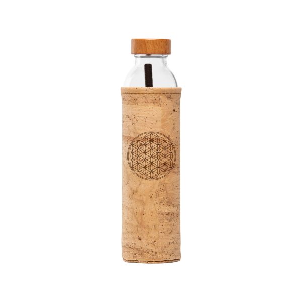 acqua strutturata nella bottiglia di flaska flower of life con cover in sughero
