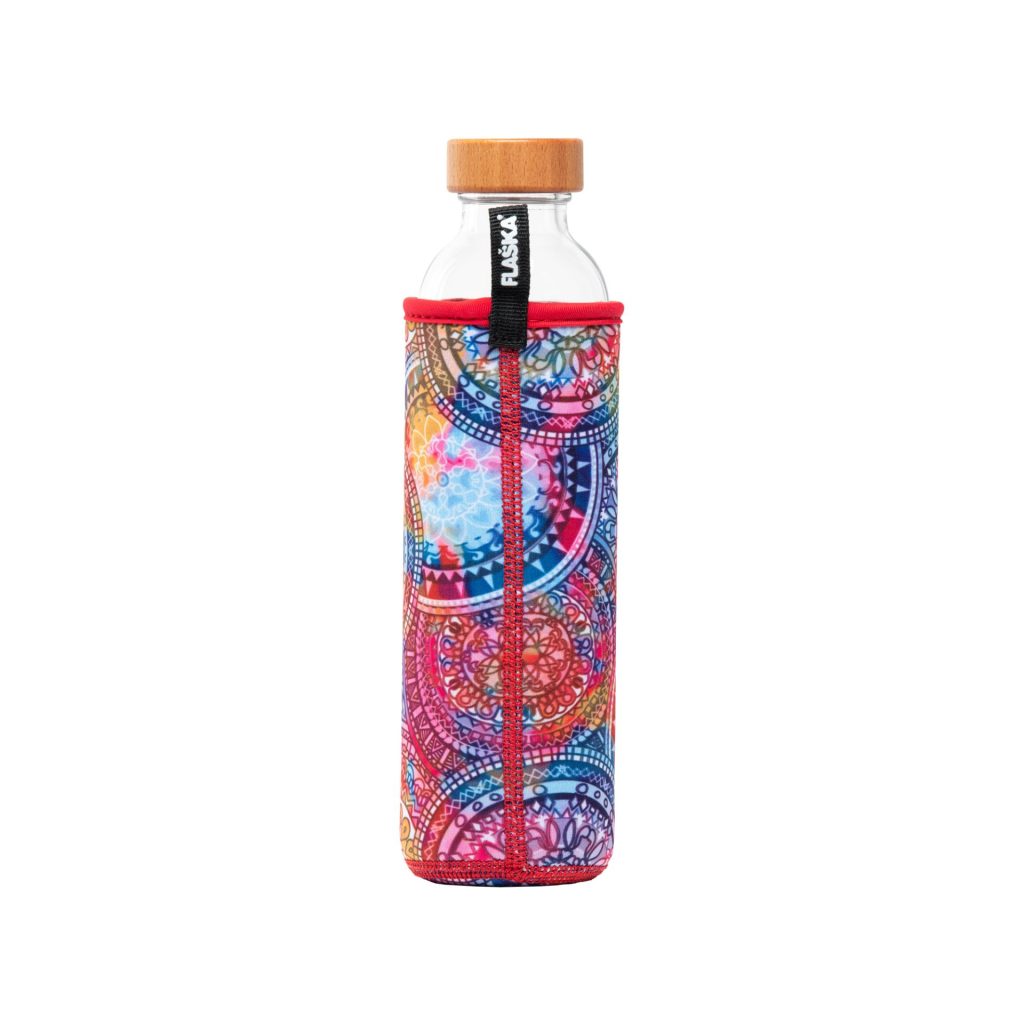 Mandala design water bottle with neoprene sleeve